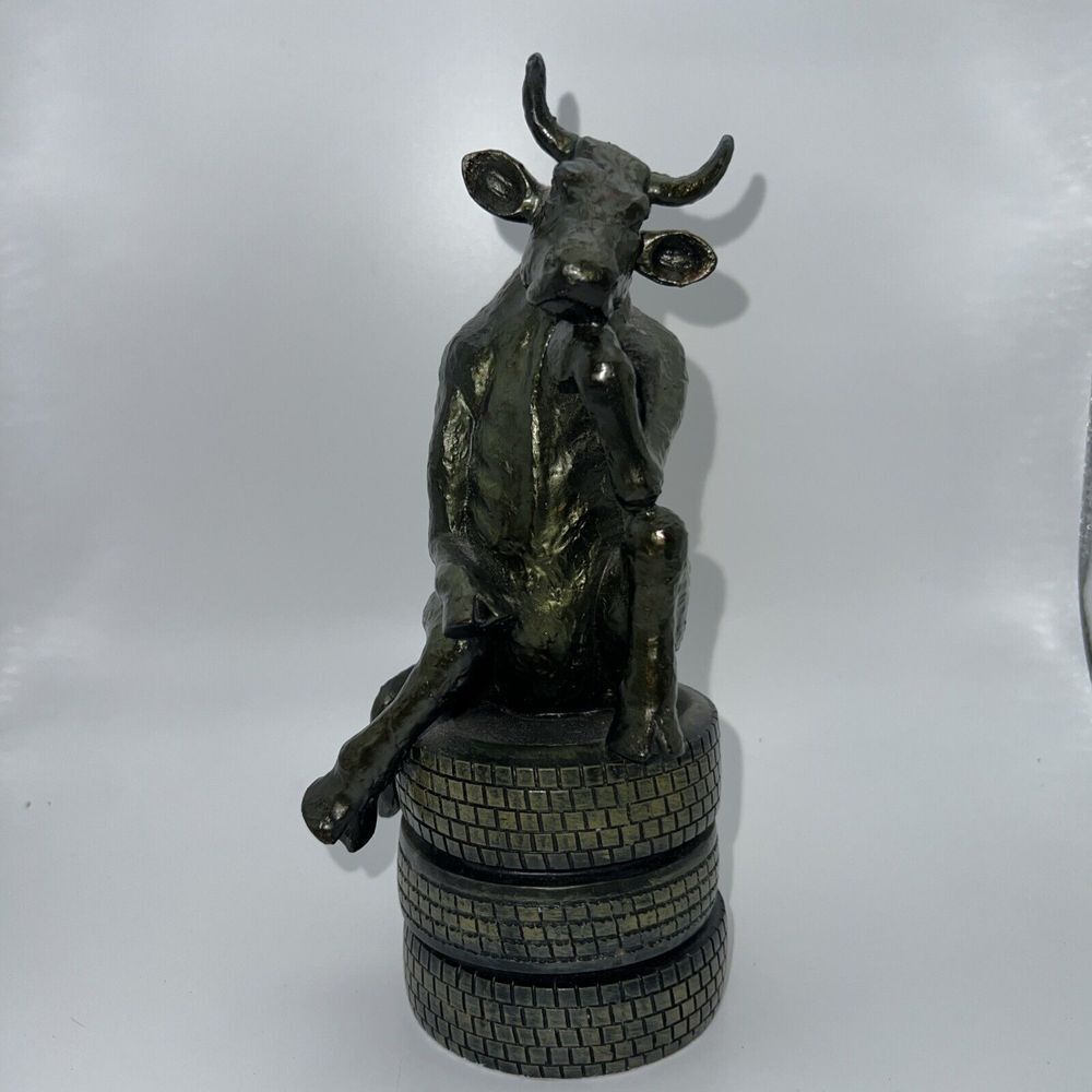 Posing Thinking Bull/Cow Statue Sitting On Tires‎ Very Unusual